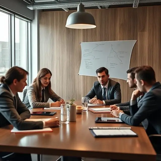A team of professionals in a tense but controlled business meeting.