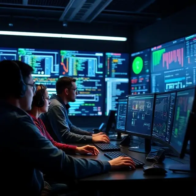 A modern security team analyzing data in a command center, representing proactive security.
