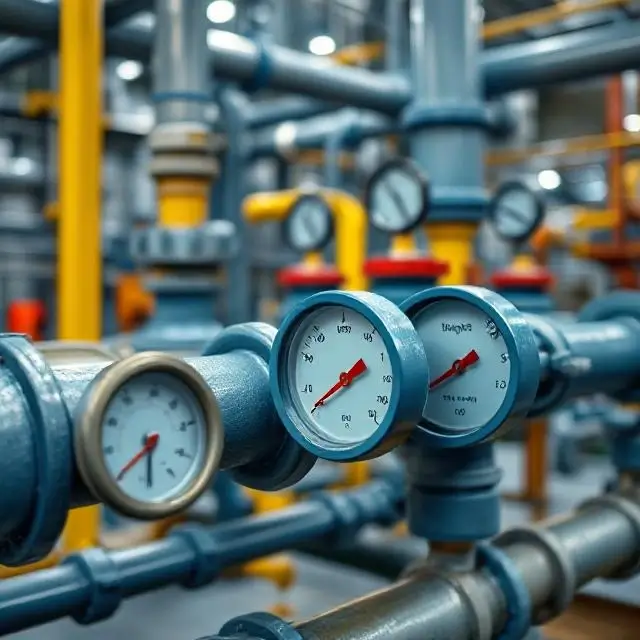 Close-up of industrial pipes and gauges in a critical infrastructure facility.