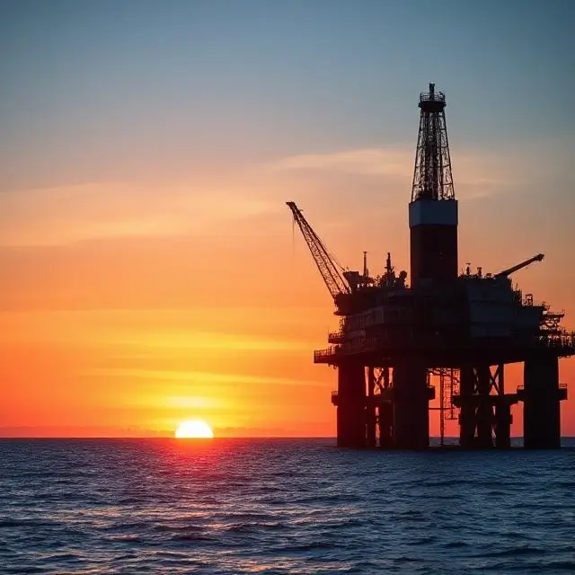 Offshore oil rig at sunset representing the energy sector.