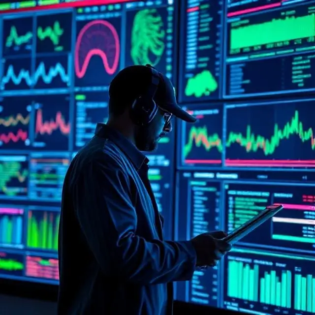 Security professional analyzing data on a large screen.