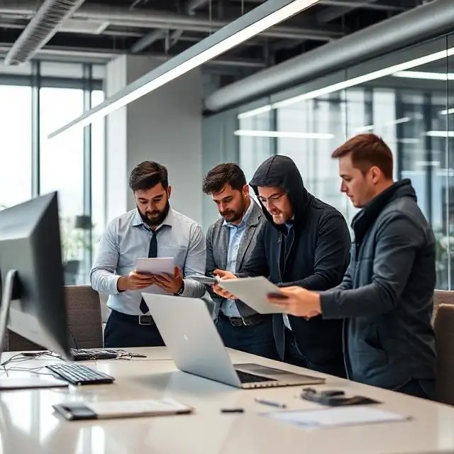 A team of security experts collaborating in a modern office.