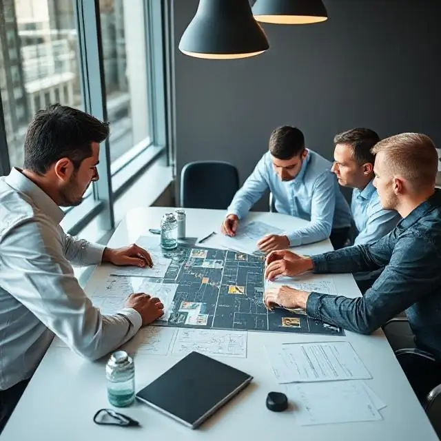 Security professionals planning a strategy around a table.