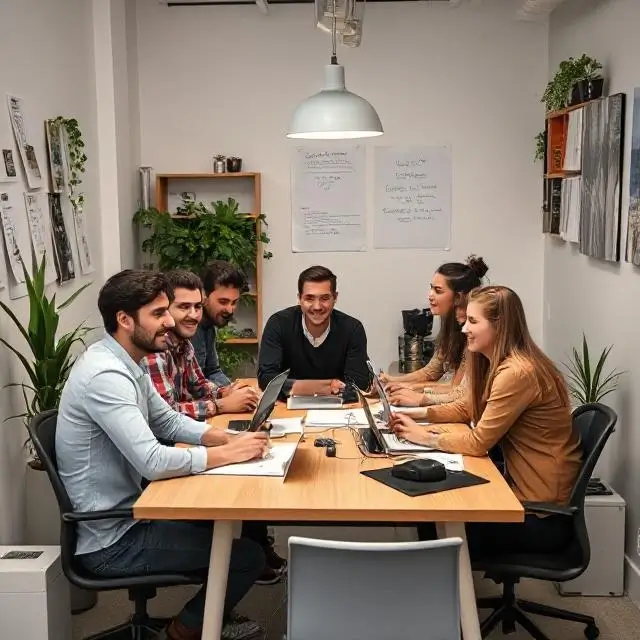 Founding team in a small office.