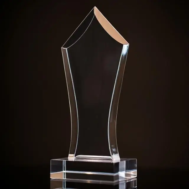 Close-up of a glass award trophy.